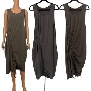 Xetra Drawstring Gathered Detail Olive Green Sleeveless Dress with Pockets